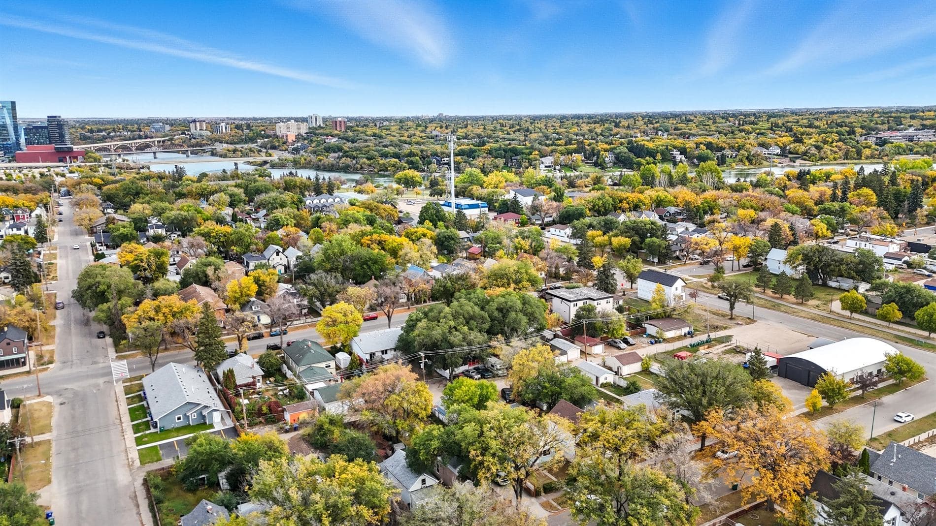 Saskatoon drone real estate media - aerial neighbourhood view for listing launches