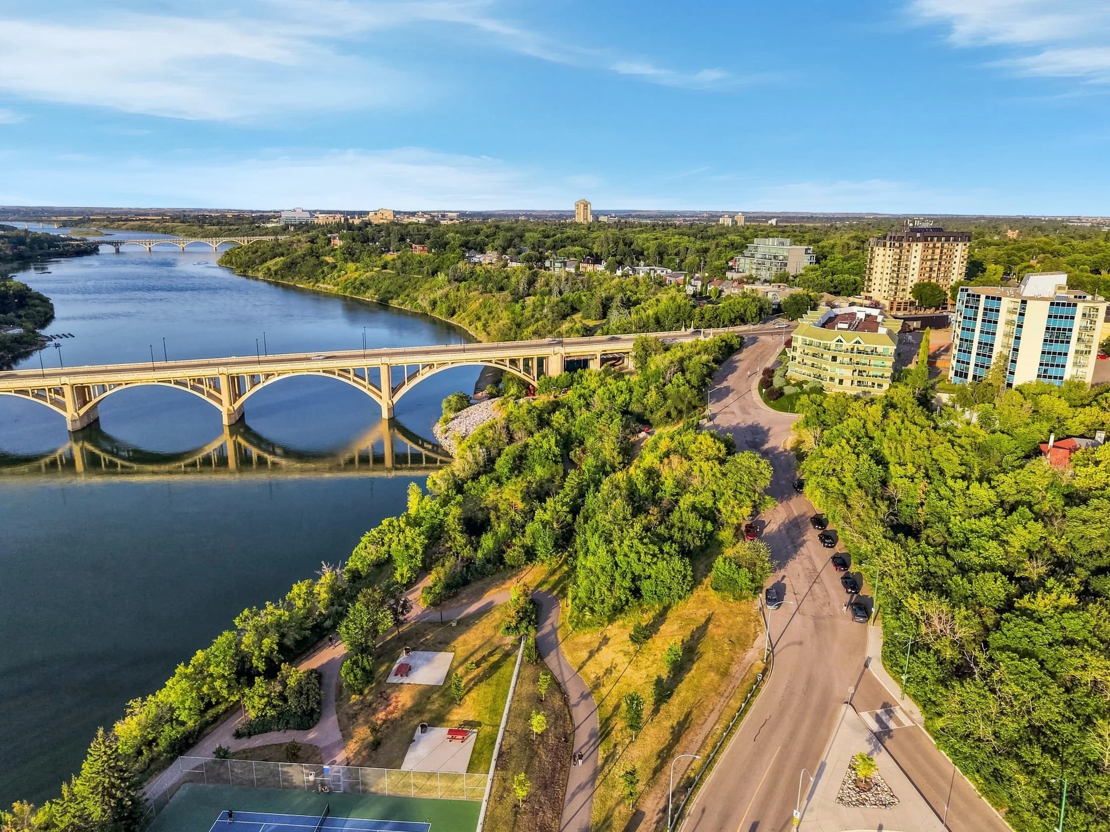Saskatoon's river and bridges, photographed from above